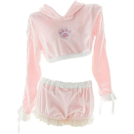 

QWZNDZGR Japanese Lolita Girls Cute Pajamas Set Women Kawaii Rabbit Cosplay Plush Homewear Flannel Hoodie Sexy Sleepwear