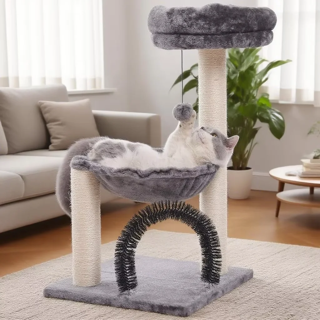 FluffyDream Small Cat Tree Tower for Indoor Cats, 5-in-1 27.8" Multi-Level Cat Tree with Scratching Posts, Plush Hammock, Perch, Self Groomer Brush, Dangling Ball for Kittens/Small Cats Play &Rest