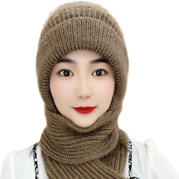 Casual Women Warm Windproof Knitted Ear Protection Cap Neck Warmer Integrated Cap Scarf Beanie Hat Scarf KHAKI