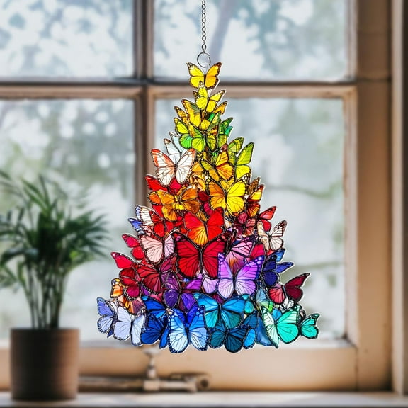 Butterfly Christmas Tree Suncatcher: Acrylic Window Hanging, Xmas Gift