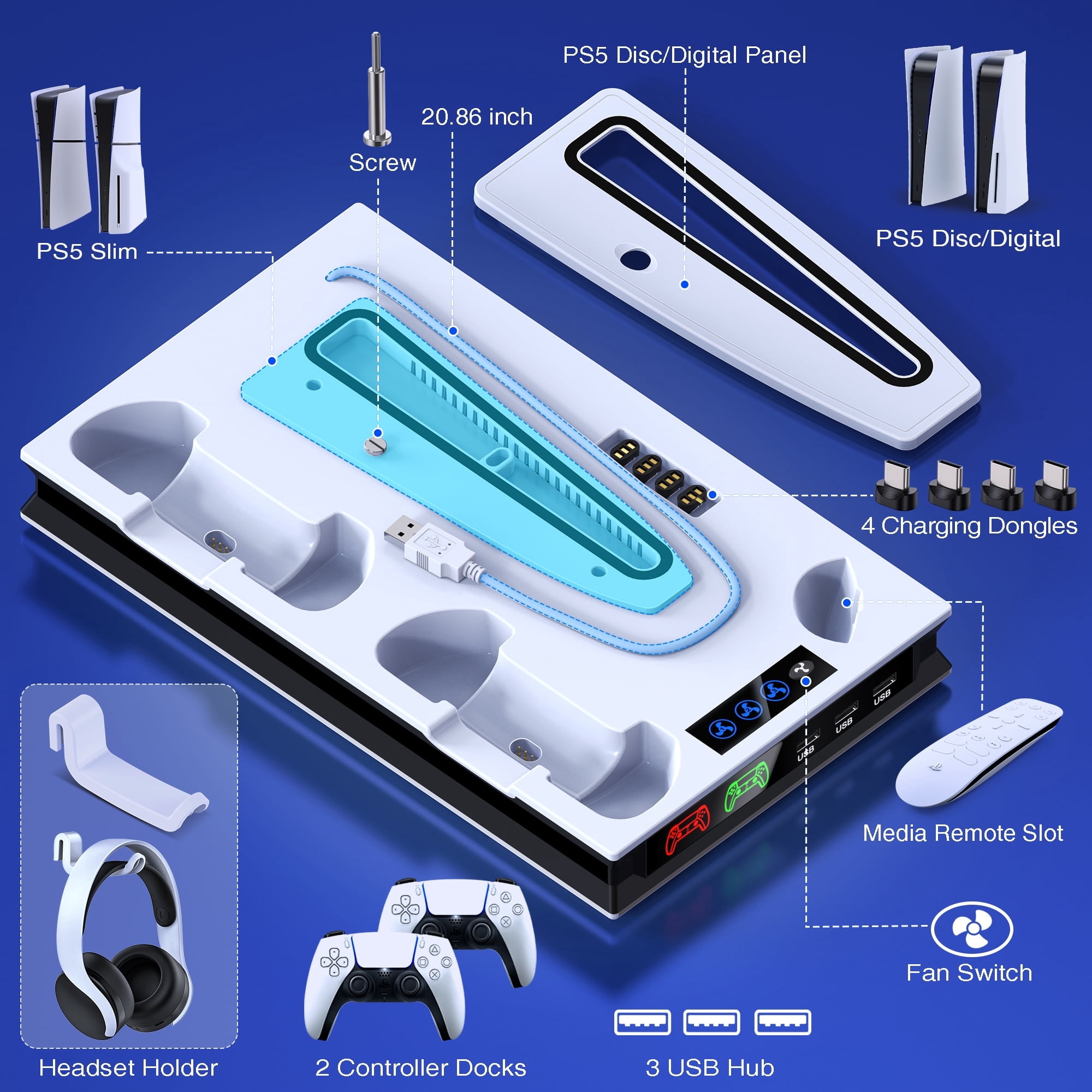 Daenfyy PS5 Stand for PS5/PS5 Slim, PS5 Cooling Station Stand with Cooling Fan, Dual Controller Charger, Headset Holder, 3 Charger Port
