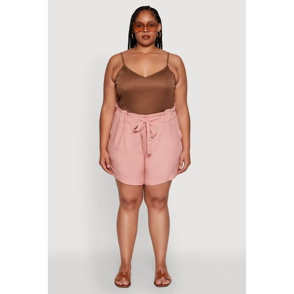 Womens Plus Size Tie Waist Paper Bag Shorts