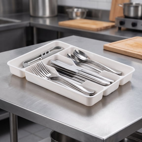 OUNONA Kitchen Utensil Organizer 2Pcs, White Plastic Stackable Silverware Tray, Clear Compartments