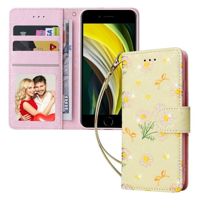 Compatible avec iPhone 8/7 Étui Rétro Fleur Dorée Cuir PU Portefeuille Blocage RFID