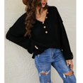 thumbnail image 4 of Cuello en V Botón Suéter de Manga Larga de Gran Tamaño de Punto Flojo Ocasional Pullover Jumper Top para Las Mujeres Negro S, 4 of 8