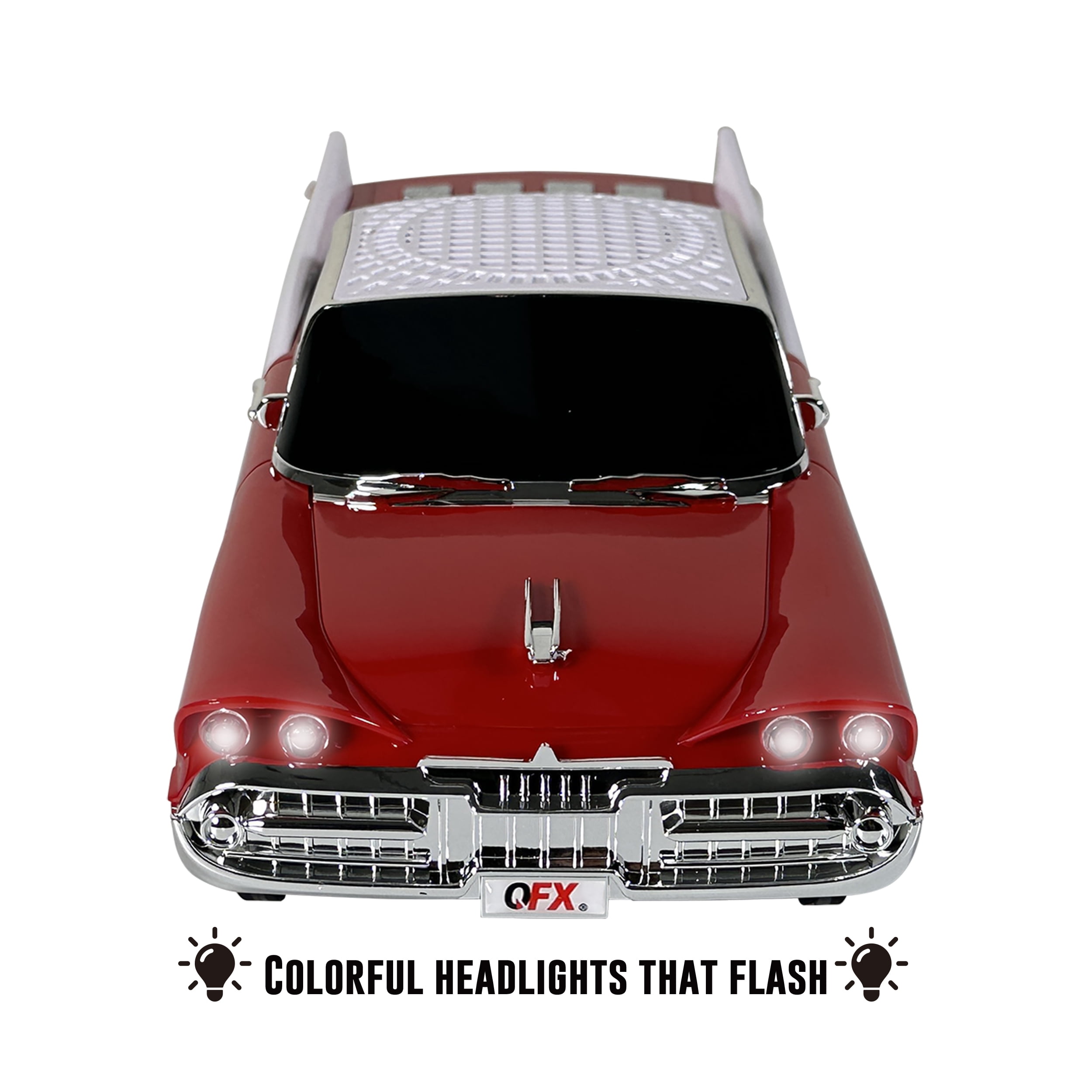 QFX Bluetooth 1959 Retro Classic Car Speaker, Dual 2-inch Speakers, Hands-Free Link, Built-in Microphone, FM Radio, and LED Party Lights, Red - BT-1959-RED