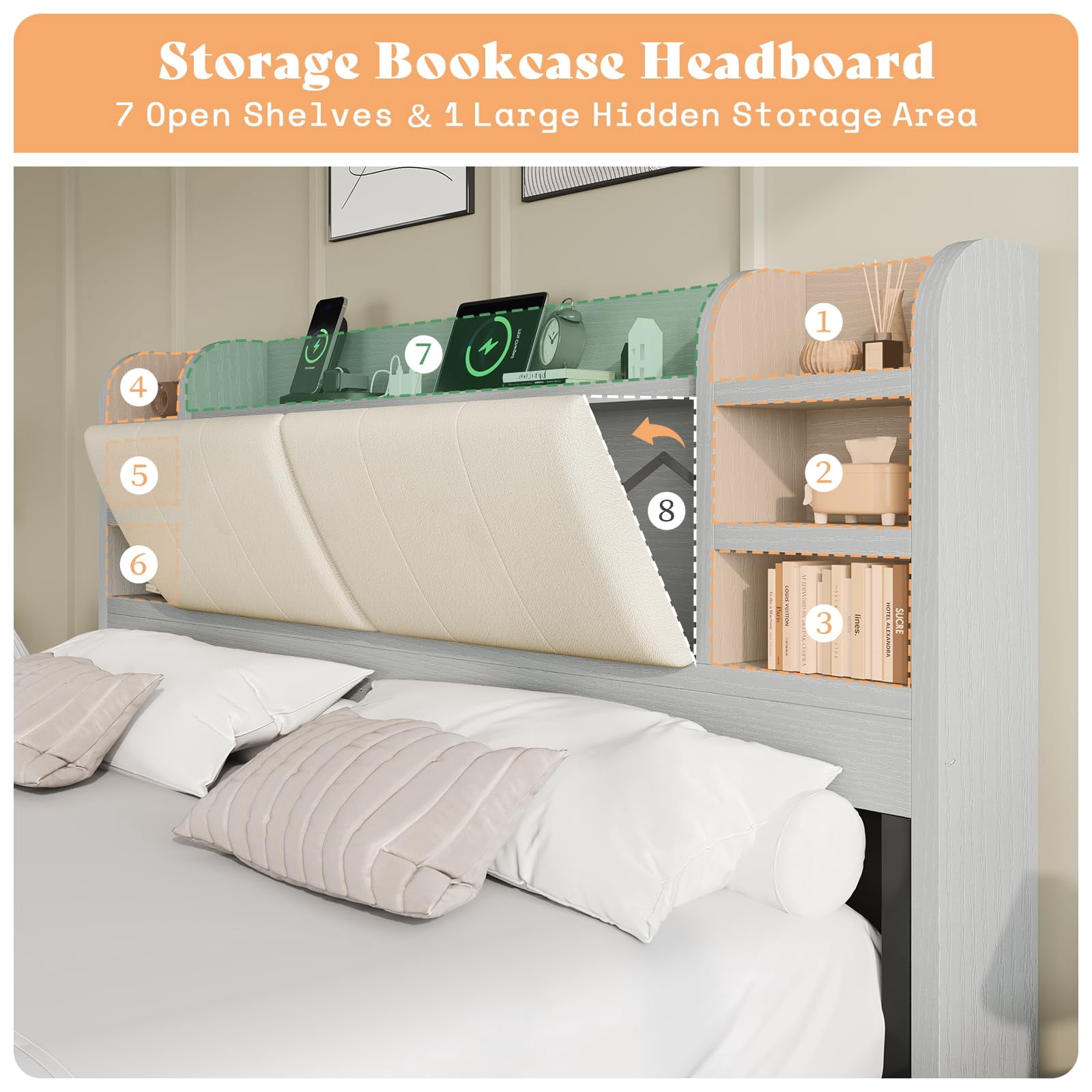 amerlife King Size Bed Frame with 4 Storage Drawers with 47.2" Bookcase Headboard, Charging Station,Light Grey