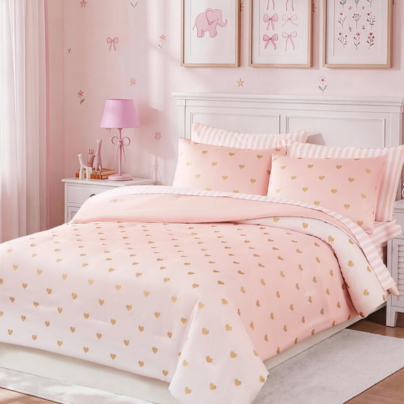 Catami gold foil Design 5-piece Bed in a Bag Comforter Set with Sheets,Pink Gold Heart,Twin