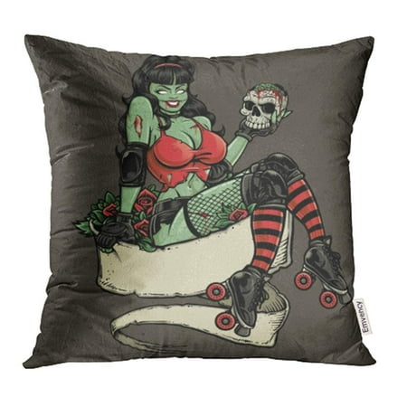 ARHOME Zombie Roller Derby Pinup Holding Skull Sexy Pin up Girl Sitting in Red Pillowcase Cushion Cases 20x20 inch