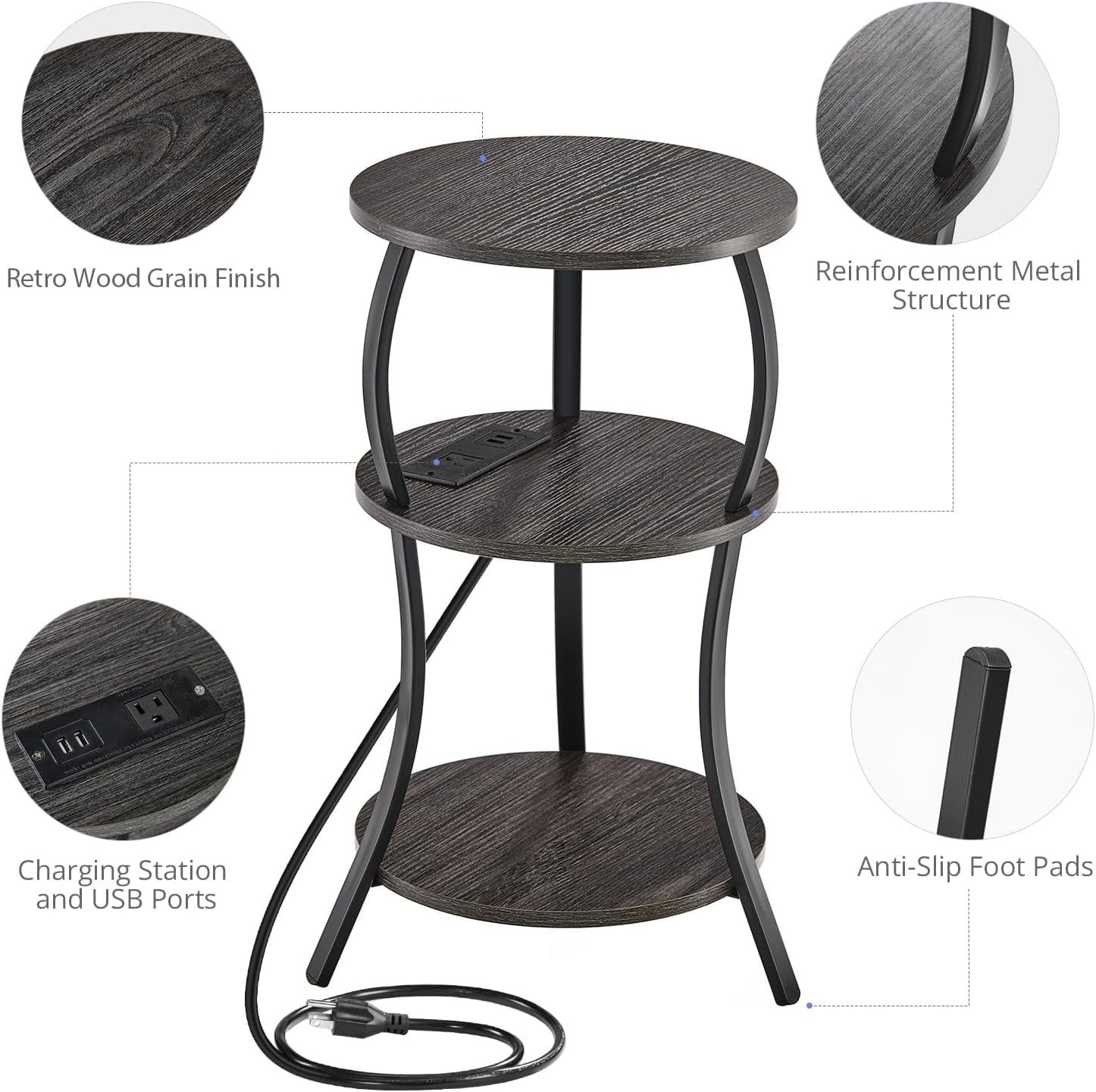 ZEXVIDA Round Side Table with Charging Station, 3-Tier Circular End Table and Compact Sofa Side Table, Gray