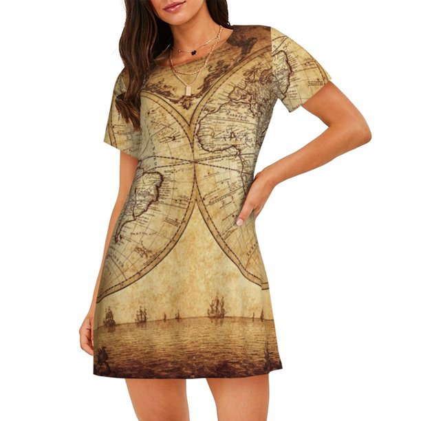 Balery Vintage Map Of The World Camisón de manga corta con cuello redondo para mujer, cómodo y elegante.