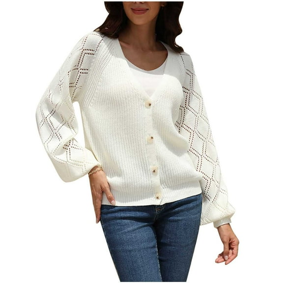 Knit Sweater Cardigan for Women with Button Long Sleeve V Neck Casual Spring Fall Coat Outerwear Jacket Blouses (XL, White)