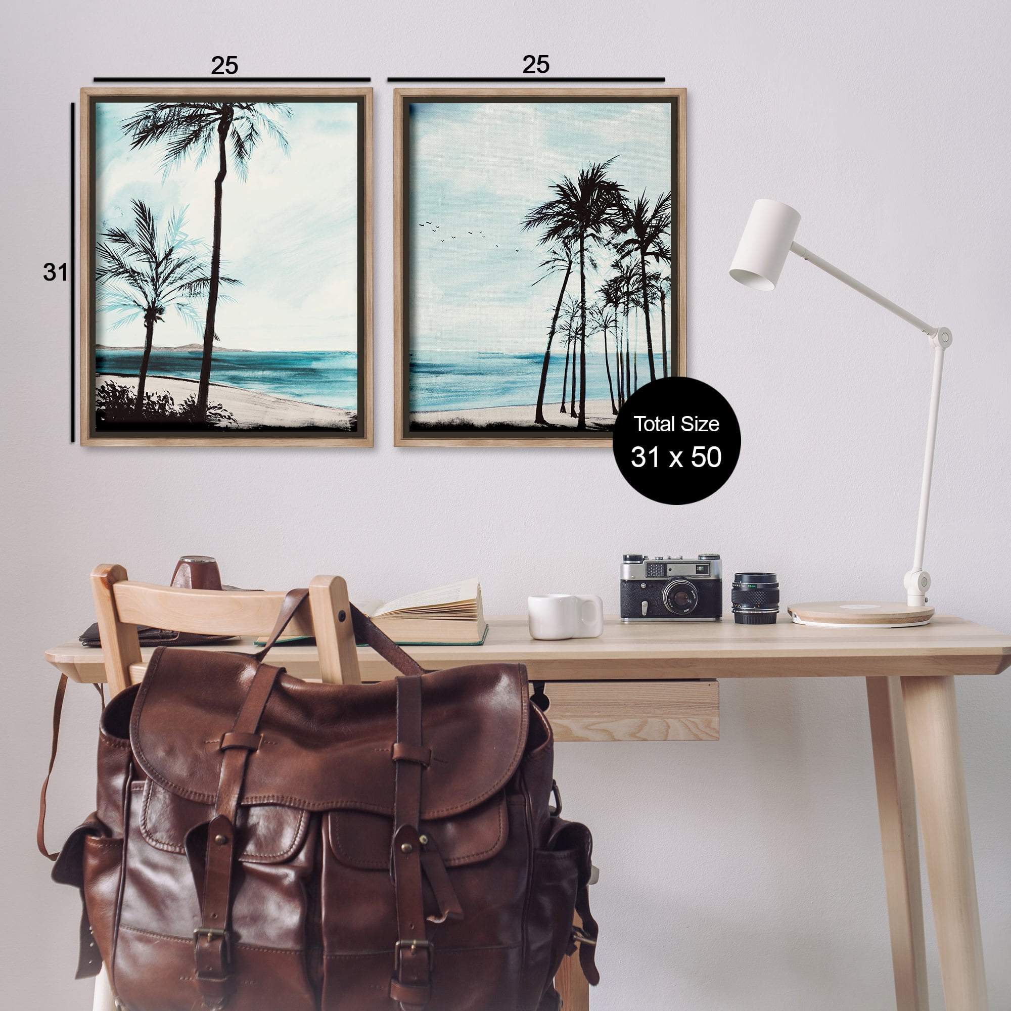 Stupell Industries Tropical Palm Seaview Landscape & Nature Painting Brown Floater Framed Canvas Art Print Wall Art, 31 x 25, Set of 2