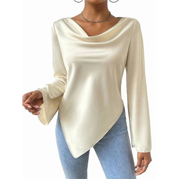 Women'S Draped Cowl Neck Bell Long Sleeve Asymmetrical Hem Blouse Top Color L