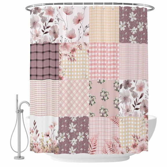 Boho Spring Floral Shower Curtain Set - Standard 72" x 72" Washable Bathtub Curtain with 12 Hooks, Vintage Flowers Patchwork Plaid Pink Waterproof Fabric Shower Curtains for Bathroom/Bathtub Décor
