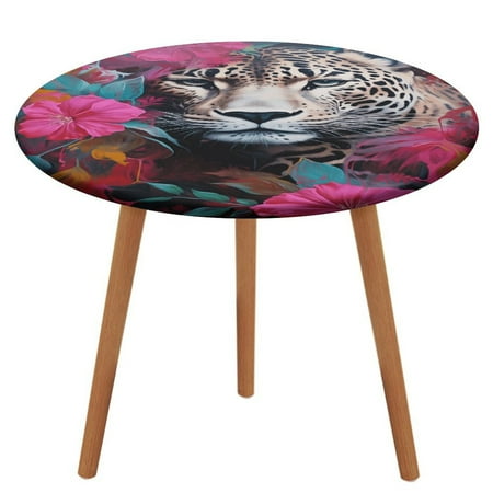 

Forest Colored Leopard Flower Leaves Round Fitted Tablecloth Elastic Table Cover Waterproof Dining for Indoor Outdoor Decor Table Cloth