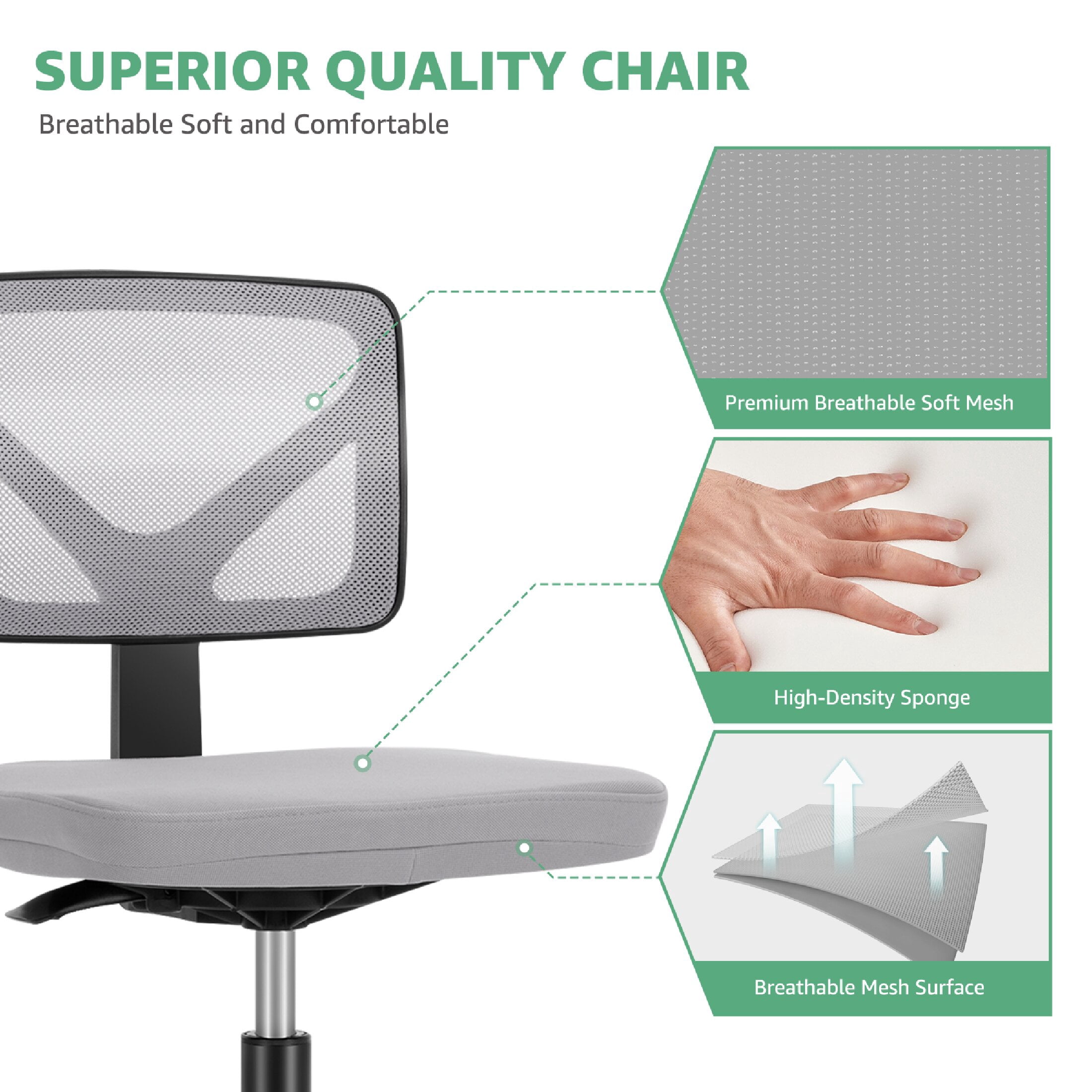 CONCETTA Armless Office Computer Desk Chair, Ergonomic Low-Back Mesh Rolling Work Swivel Chairs with Wheels, Gray