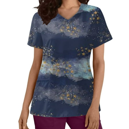 

TAIAOJING Women Scrubs Top Spring And Summer Care Short Sleeve V Collar 3D Printed Pocket T Shirt