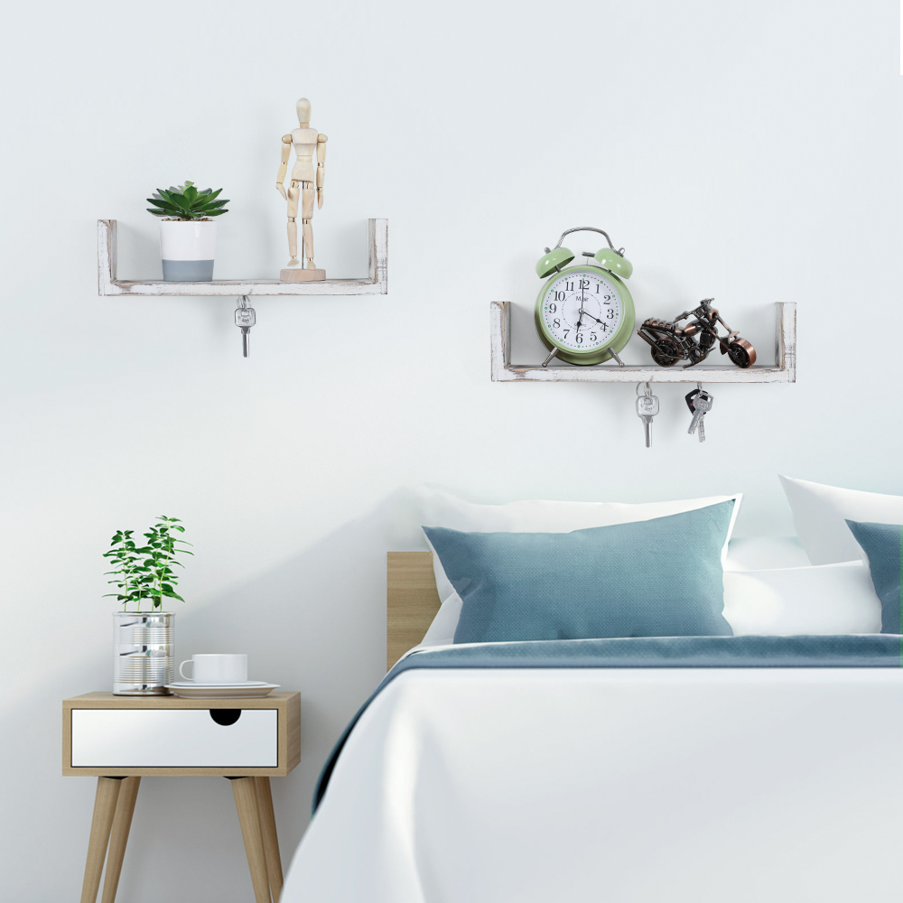 LIANTRAL NEX 2 Pack U Shape Wood Floating Shelf with Magnetic Key Holder Distressed White