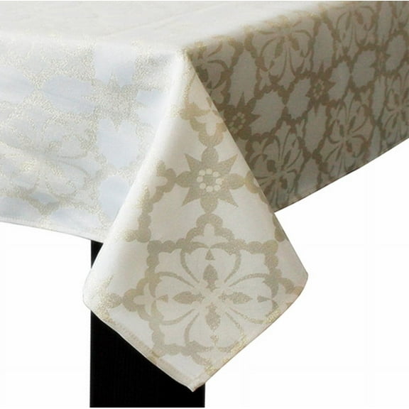 Christmas Holiday Winter Metallic Gold Ivory Printed Jacquard Fabric Tablecloth (60" x 84" Rectangular, Ivory-Gold)