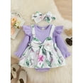 thumbnail image 3 of Blotona Infant Baby Girls Romper Dress Floral Print Knitted Ribbed Patchwork Round Neck Long Fly Sleeve Skirt Hem Jumpsuits with Headband, 3 of 8