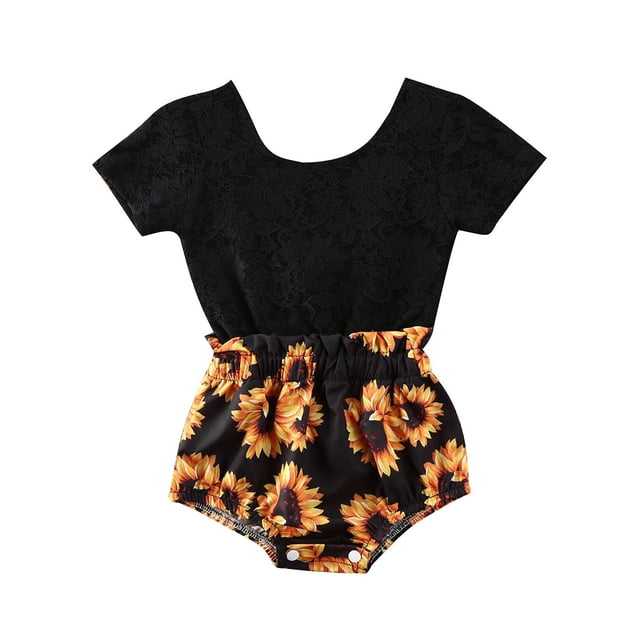 Little Girls Summer Outfit Short Sleeve Floral Around Ruffle Sun Flower Print Romper Button Design Bodysuit Jumpsuit