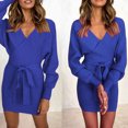 thumbnail image 2 of Sweater Dress for Women Solid Sexy V Neck Knitted Sweater Dress Belted Backless Knitwear Summer Petite Knit Dresses, 2 of 7