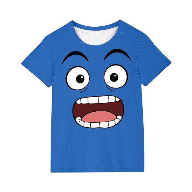 Tops de Manga Corta Lindo con Impresión de Expresión para Niños Niños Niñas, Suelta Cómoda Camiseta de Color Sólido