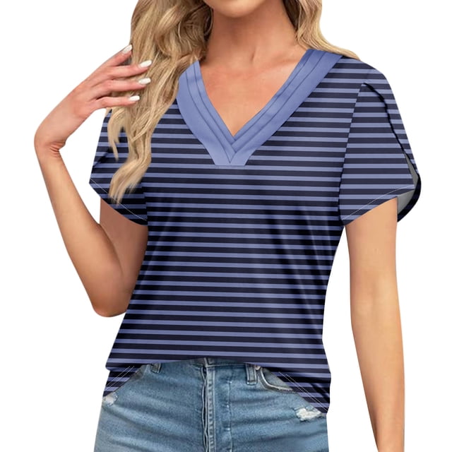 T-shirts Décontractés à Pois pour Femmes, Col Rond, Manches Courtes, Mode 2024 Printemps Été, Coupe Ample, Bleu Foncé-1 L