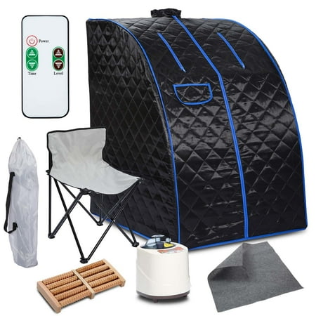 2L Portable Steam Sauna Tent,Spa Slimming Loss Weight Full Body Detox Therapy，With Steam Pot, Remote Control, Chair, Cushion, Wooden Massager-Black