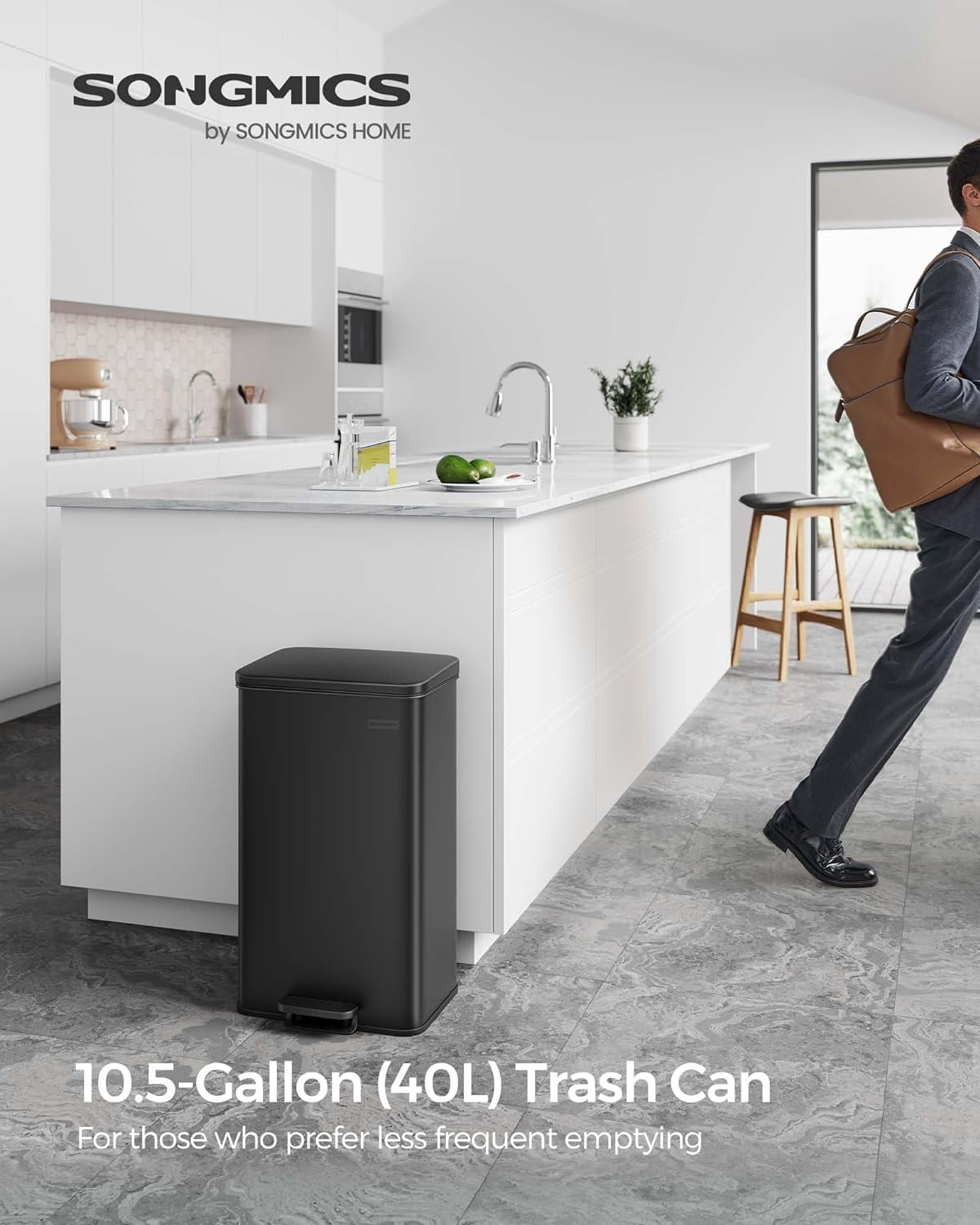 Kitchen Trash Can, 10.5 Gallon (40 L) Garbage Can, Large Step Trash Bin with Lid, Stainless Steel, Soft Close, 15 Trash Bags Included, Black