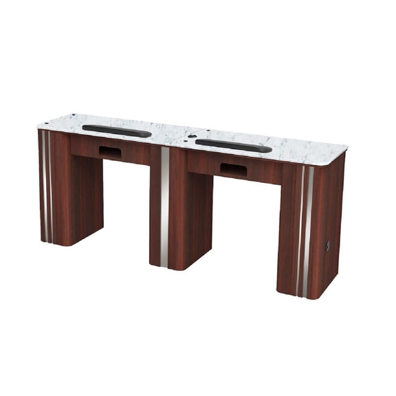 Avon I Double Manicure Table, Nail Station for Beauty Salon Furniture & Equipment, Marble Top Acetone Resistant, Cherry Wood