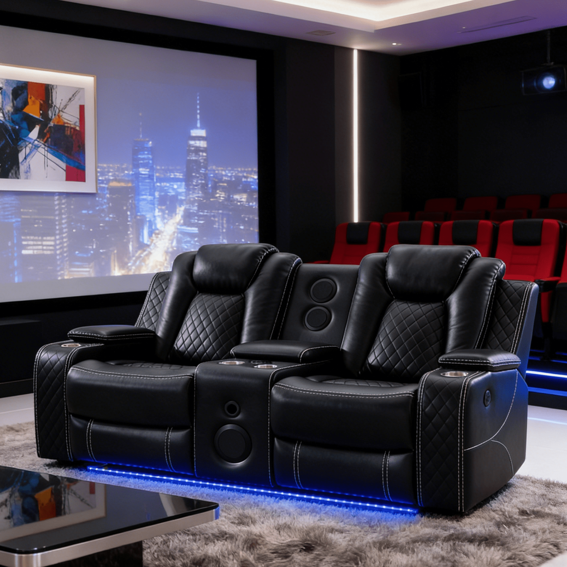 Gewnee 2-Seat Technical Leather Power Reclining Loveseat with LED Strip, Bluetooth Speakers, USB Charging, Cup Holders and Storage, Black