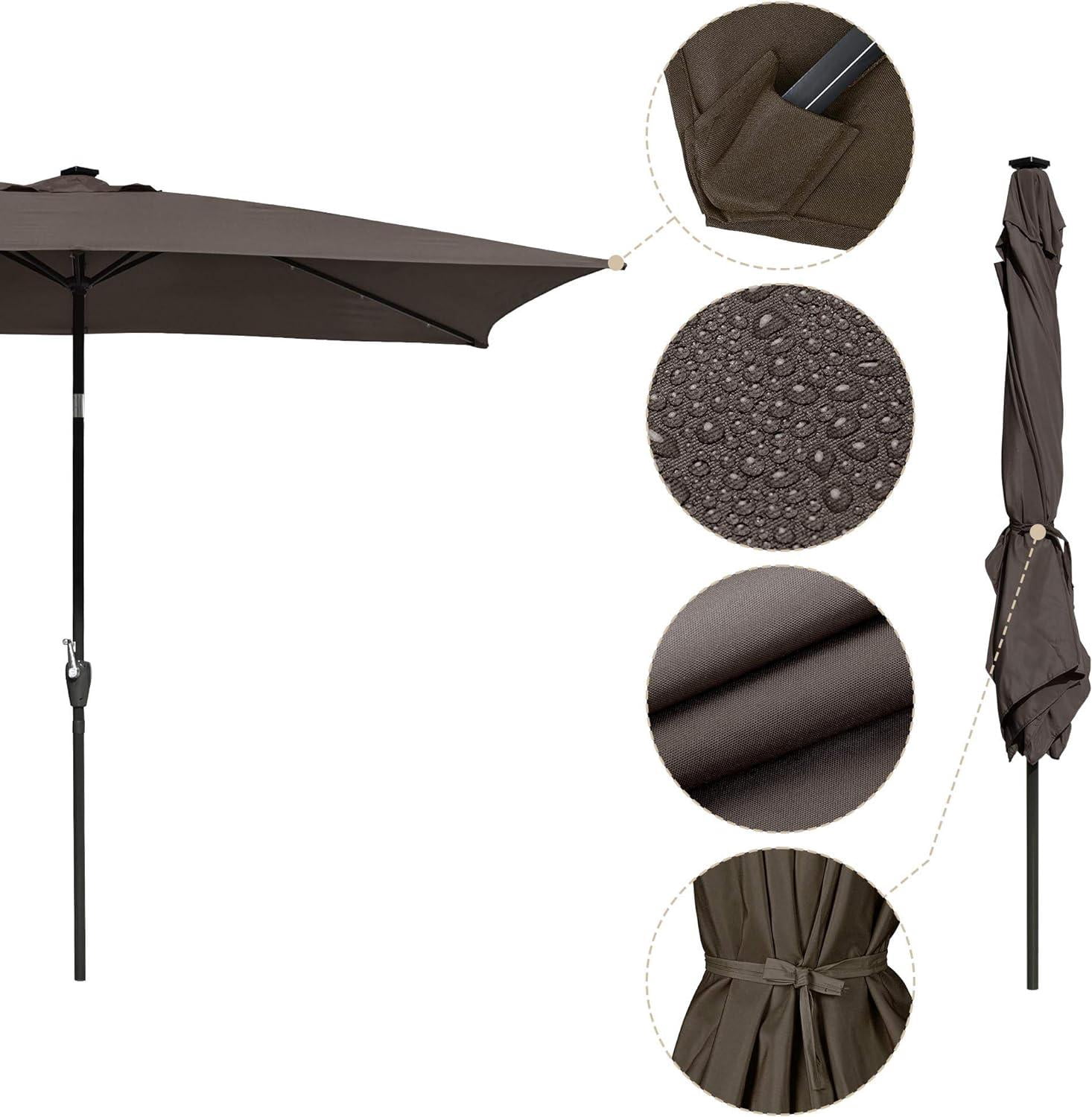 10x6.5 ft Outdoor Rectangle Solar Powered LED Patio Umbrella with Crank Tilt for Garden Backyard Table Market Pool, Brown