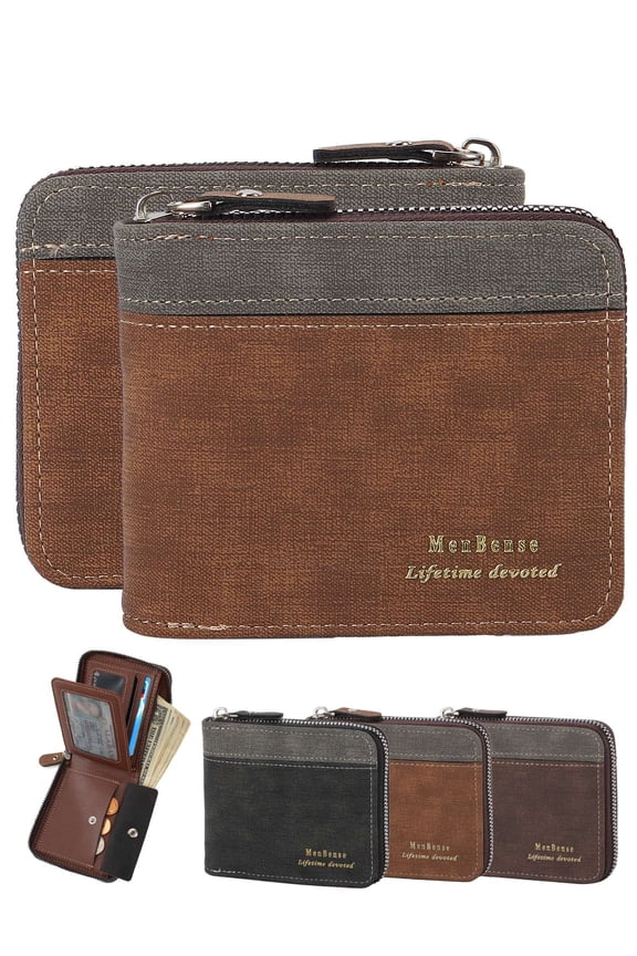 Leather Wallet for Men Large Capacity Bifold Wallet with ID Window 6 Card Holders Zip Coin Pocket (Black)