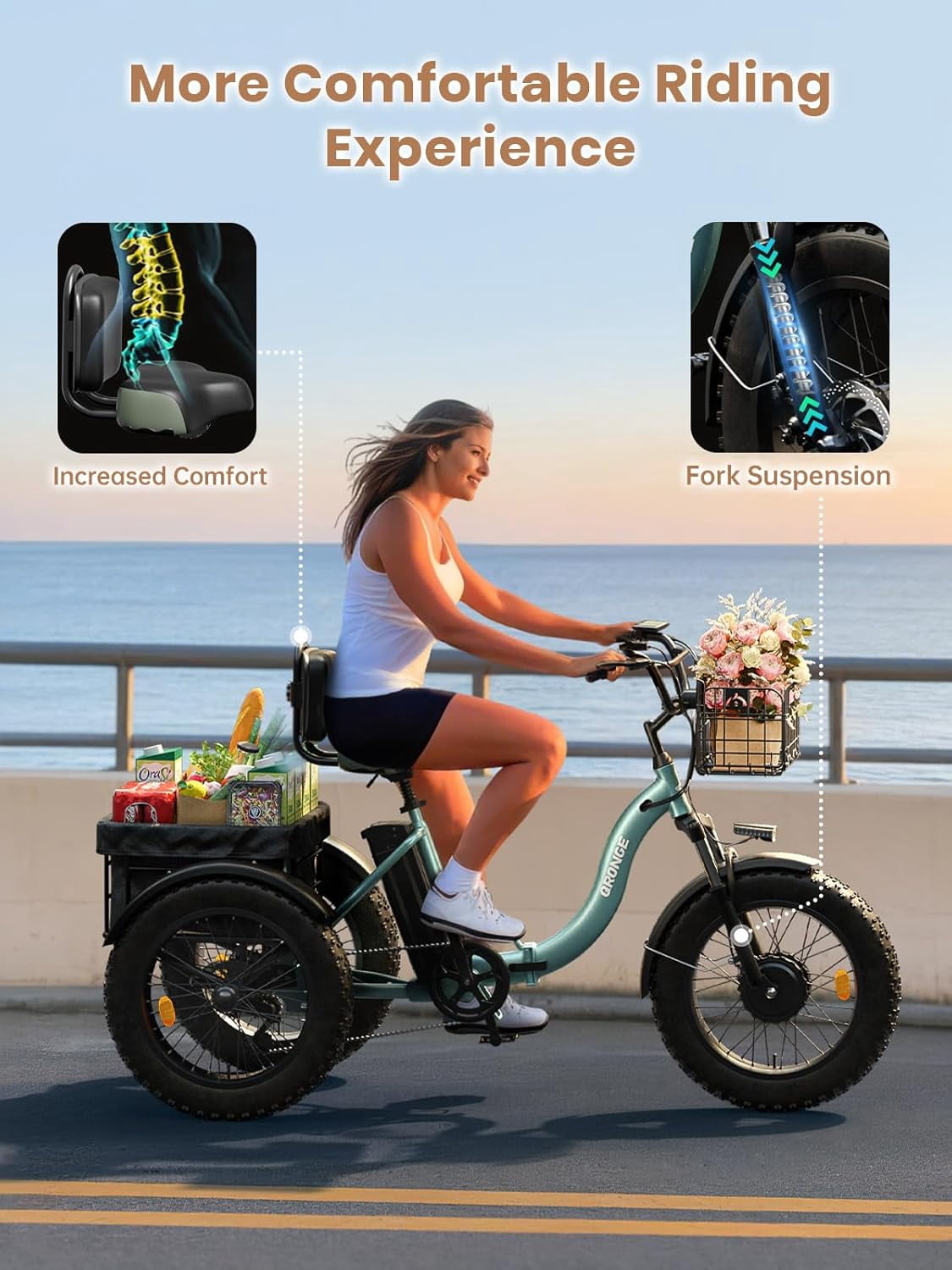 QRONGE Electric Tricycle for Adults 960W 50Miles Range 20 mph 20" Fat Tire Electric Trike 36V 15AH Battery Etrike 3 Wheel Electric Bike Step-Thru Mountain E Bike for Farm Work Travel, UL2849 by SGS