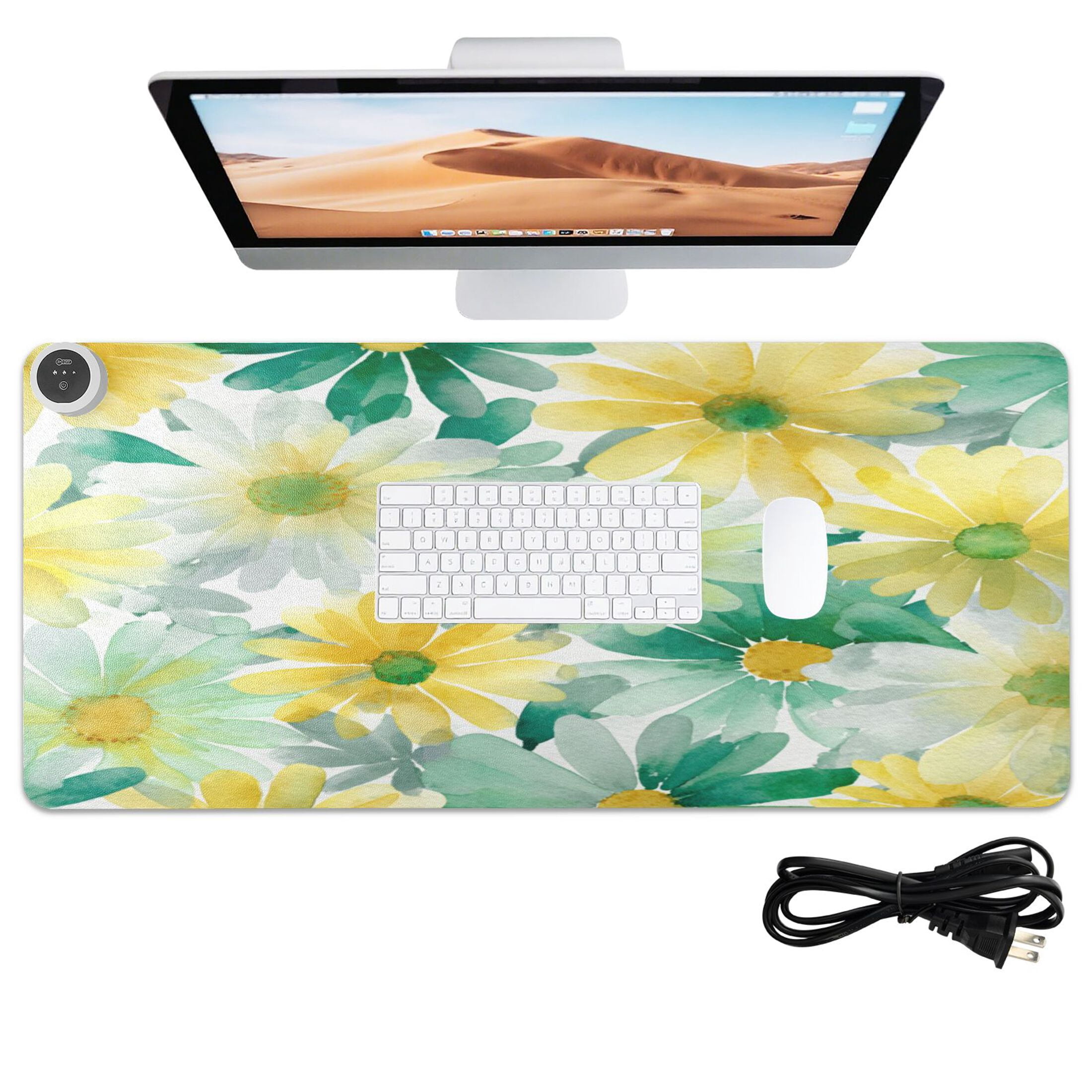 Large Heated Desk Mat Mouse Pad 31.5"x13"PU Leather Graphene Heating Desk Warmer with 3 Temperature Settings 110V US Plug Non-Slip Warm Pad for Home, Office, and Gaming Teal Yellow Daisy Print