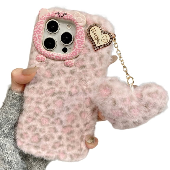 for iPhone 17 Furry Plush Phone Case Handmade Leopard Print Camouflage with Soft Love Heart Fluffy Fur Ball Pendant for Women, Cute Raised Camera Bump Protection Frame