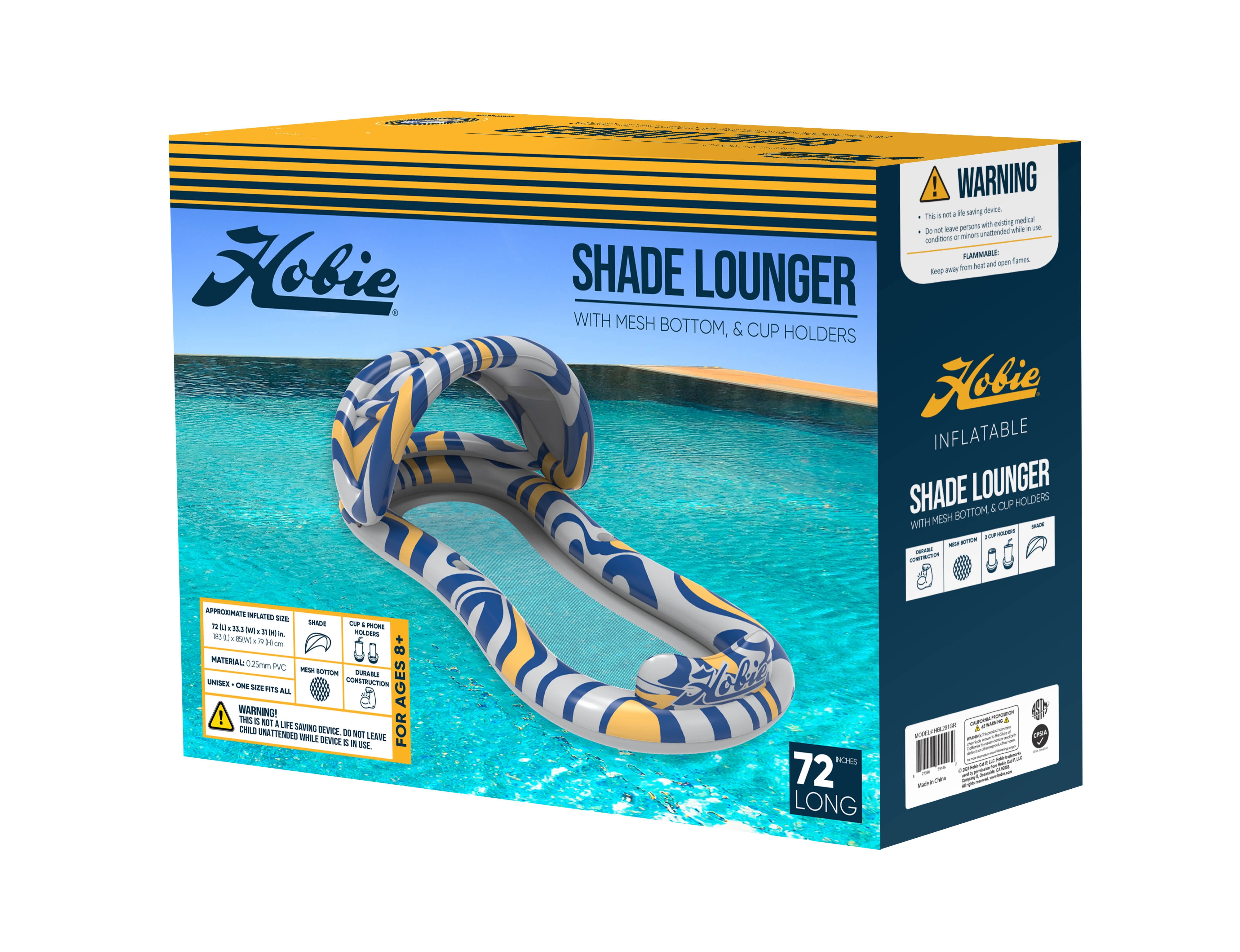 Hobie Inflatable Pool Lounger with Shade for Kids and Adults, Ages 8 & up,