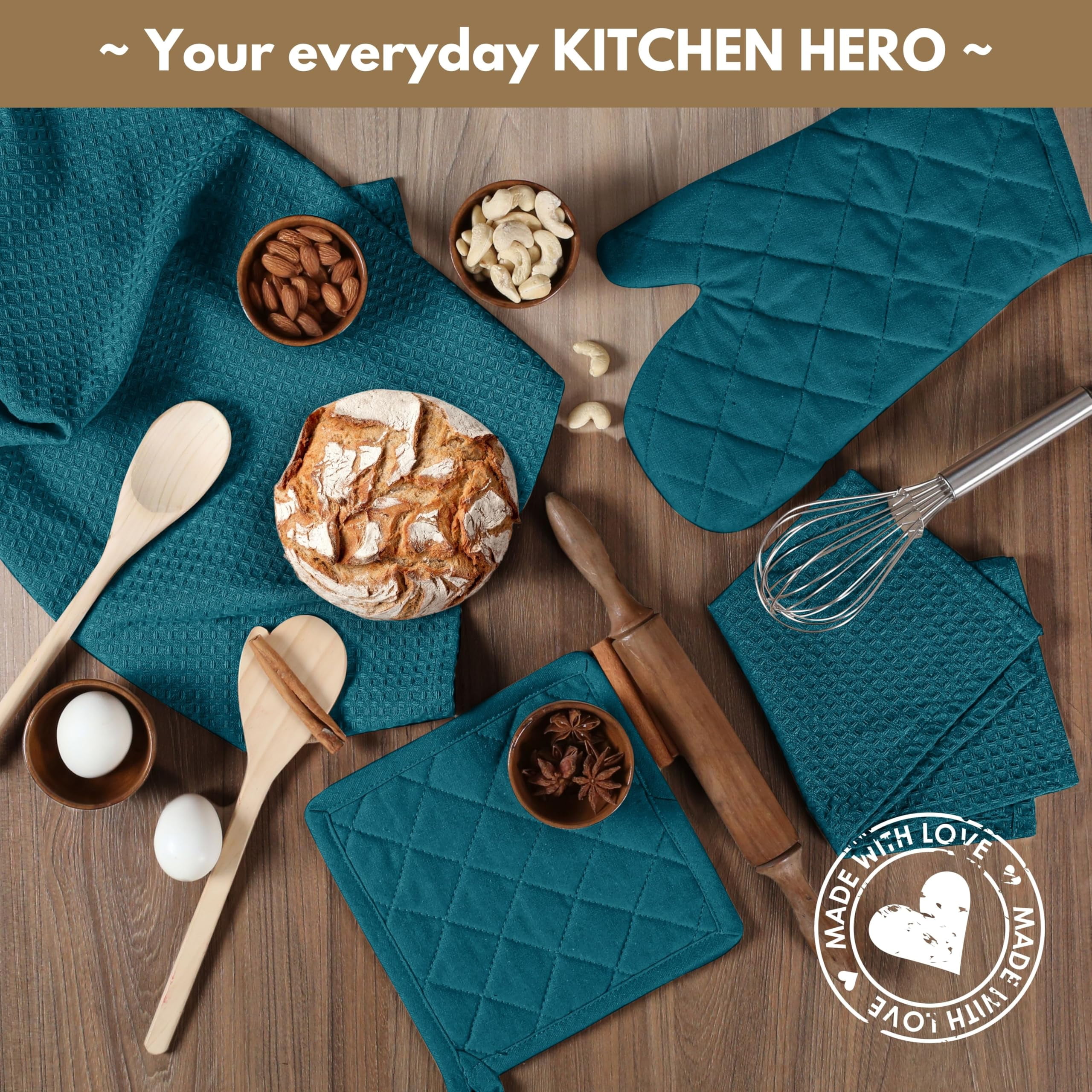 Native Fab 10-Piece Kitchen Set – Includes Oven Mitts, Potholders, Kitchen Towels & Dishcloths, Heat Resistant, 100% Cotton, Durable & Absorbent, Perfect for Cooking, Baking & Everyday Use - Teal
