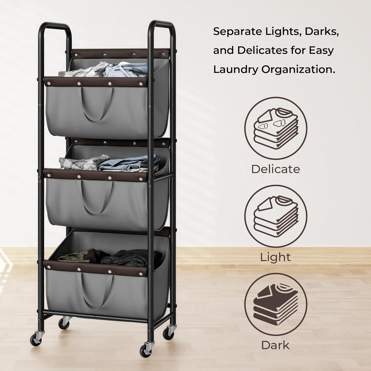 GRANNY SAYS 3 Tier Laundry Basket with Wheels, 120L Rolling Laundry Hamper Sorter, Metal Frame Laundry Organizer, 3 Bin Removable Bags, Gray