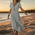 thumbnail image 2 of Robe Décontractée en Lin Col en V Manches Courtes Ample pour Femmes, Robe de Jour Confortable Couleur Unie, 2 of 5