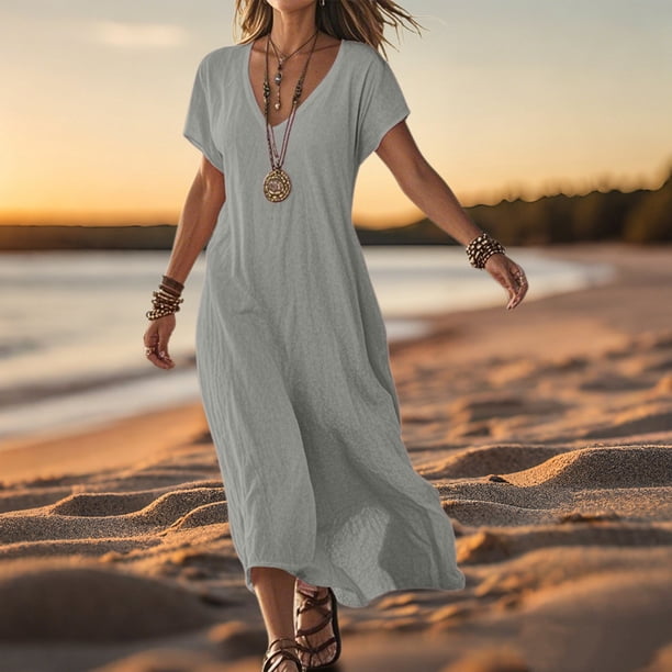 WILLBEST Vestido De Verano Para Mujer, Vestido Informal Holgado De Lino Con Cuello En V Y Manga Corta, Vestido De Día Cómodo De Color Sólido