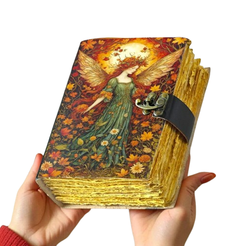 Handmade Leather Journal 5x7 Inch – 200 Pages – Vintage Deckle Edge Paper – Embossed Fairy Design – Leather Notebook for Writing, Drawing & Gifting