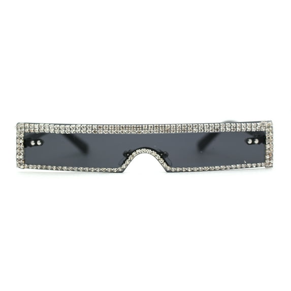 Luxury Heavy Rhinestone Rim Trim Thin Shield Rimless Cyclops Sunglasses Black