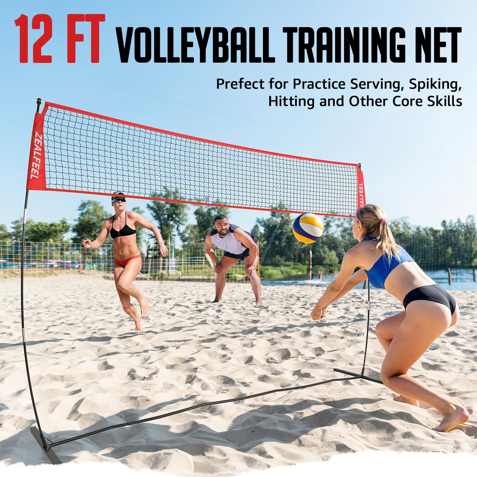Zealfeel Adjustable Portable 12ft Volleyball Training Net with Carry Bag for Outdoor Practice