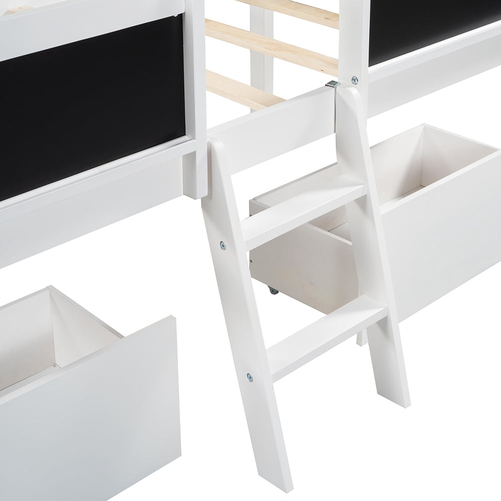 Kadyn Twin Size Low Loft Bed with Two Drawers,with Decorative Guardrail Chalkboard,White