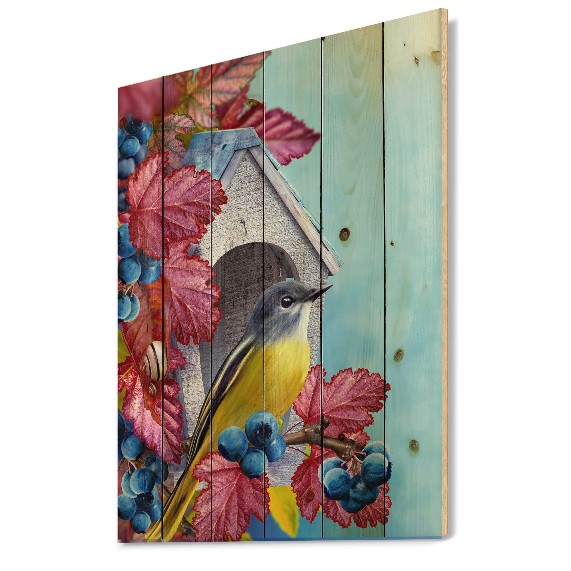 Designart 'Titmouse Bird Sitting On A Berries Branch Near A Birdhouse' Traditional Print on Natural Pine Wood