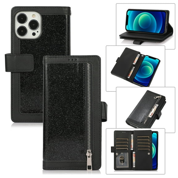 iPhone 13 Pro Case 6.1", TECHCIRCLE Bling Sparkly Glitter Flip Stand PU Leather Zipper Wallet Case with Card Holder/Wrist Strap Magnetic Cover for Apple iPhone 13 Pro 2021, Black