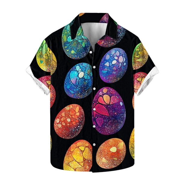 Blusas y camisas de manga corta con cuello en V Camisa estampada de Pascua para hombre Camisa abotonada Top de poliéster para hombre